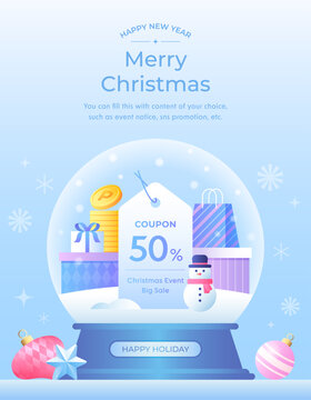 Blue Toned Flat Design vector illustration of a snow globe featuring a snowman and a 50% coupon tag inside for Christmas Big Sale event.