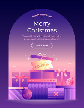Vibrant Gradient vector illustration of stacked Christmas Gift Boxes and a Coupon tag, set under an arch for holiday event announcement.