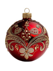 A beautifully ornate red Christmas ornament adorned with intricate gold designs and sparkling gems, perfect for holiday decoration on transparent background