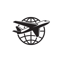 a sleek airplane flying in front of a global world map design representing international travel silhouette