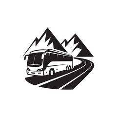 a stylish graphic illustration of a tour bus traveling a winding road near jagged mountains silhouette