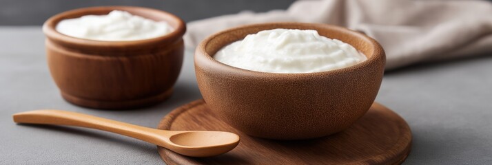 Creamy yogurt in wooden bowls with spoon on table