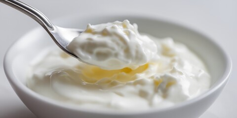 Creamy yogurt in white bowl with spoon on smooth surface closeup