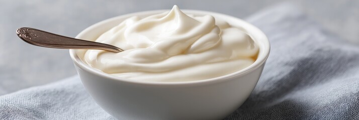 Creamy yogurt in white bowl with spoon on blue fabric surface