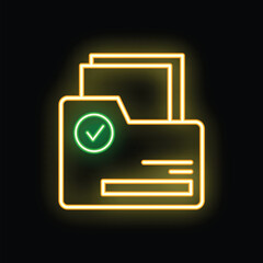 Neon glowing folder with documents and check mark icon on black background representing the concept of successful file transfer