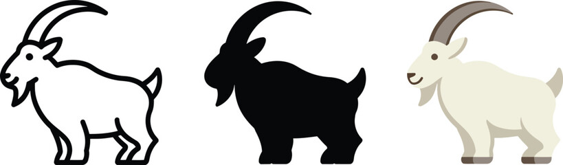 Standing farm animal goat outline silhouette and flat color vector illustrations for livestock design needs.