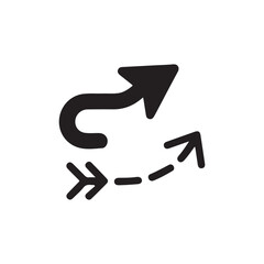 a simple black and white illustration of a curved and dashed arrow pointing in various directions silhouette