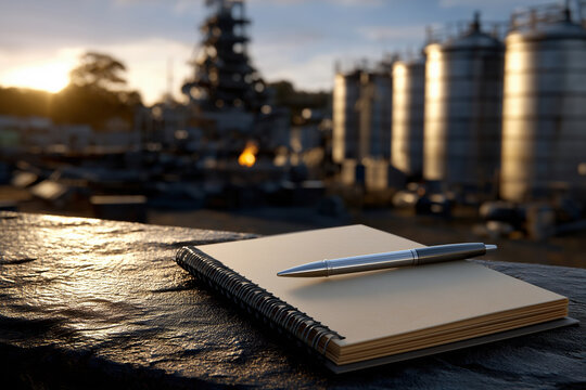 Notebook and pen on a table near an industrial site during sunset