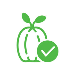a vibrant green apple icon with a checkmark emblem and leaf details presented as a silhouette