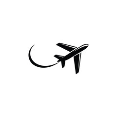 a minimalist depiction of an airplane in flight leaving a curved trail a striking black silhouette