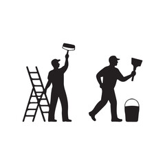 construction workers performing painting and plastering tasks on a white background showcasing labor and renovation work silhouette