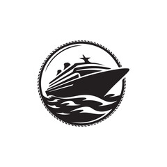 a striking circular emblem featuring a detailed cruise ship sailing through waves framed by a rope border silhouette
