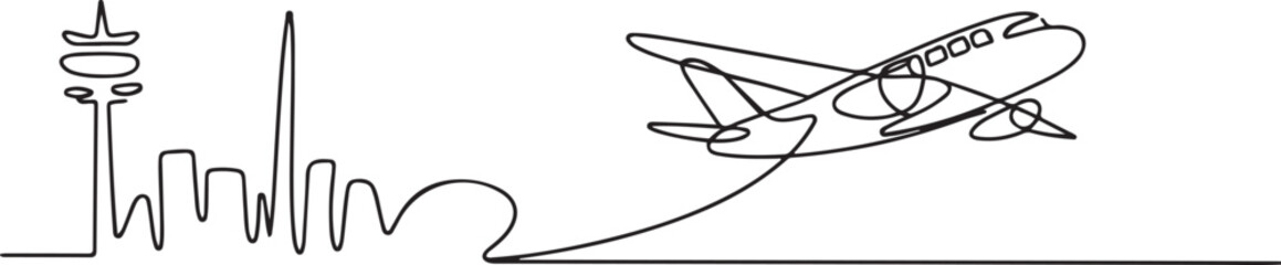 Small plane taking off in continuous line art drawing style, One continuous line drawing of airport icon. one line Icon drawing