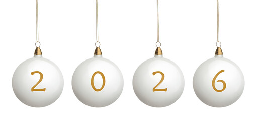 White Christmas tree decoration balls with numbers 2026 isolated on white background