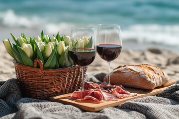 Prosciutto and baguette on board against the sea. Picnic with wine and a basket of white tulips.