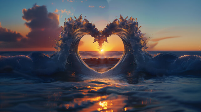 A romantic scene of waves gently forming pink hearts, with the sun setting beautifully in the background.