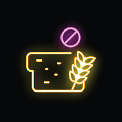 Neon icon with a slice of bread, wheat and a prohibition sign, representing gluten free food