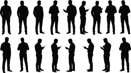 Businessman silhouettes, professional standing poses, office gestures, leadership communication, smartphone usage, career success, corporate lifestyle illustration
