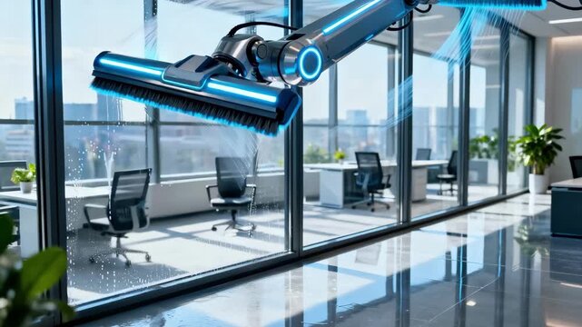 Hightech robotic arm equipped with squeegees cleans expansive office building windows enhancing daylight and office aesthetics.