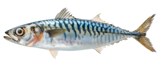 Realistic depiction of a vibrant mackerel fish showcasing intricate patterns and colors with stunning detail on transparent background