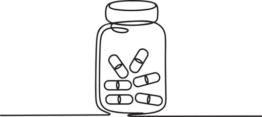 Continuous Line Drawing of Medicine Pills Icon. Hand Drawn Symbol Vector Illustration, Continuous one line drawing jar with pills. one line Icon drawing