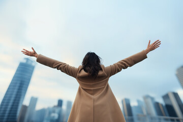 Woman spreading arms wide, embracing success and achievement, standing with an urban cityscape and clear sky in the background, symbolizing hope, business growth, and future opportunities