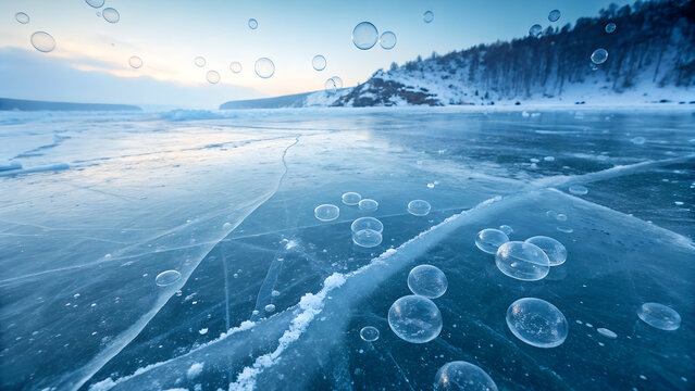 Bubbles trapped in clear ice on frozen lake during winter morning  
