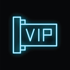 Blue neon sign depicting vip entrance with copy space on black background