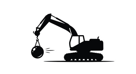 Black silhouette of a demolition excavator with a wrecking ball © MdGolam