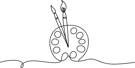 A single line drawing of a palette. Continuous line coloring palette icon. One Art brushes, palette and tubes of paints, drawn with continuous line in minimalism. one line Icon drawing