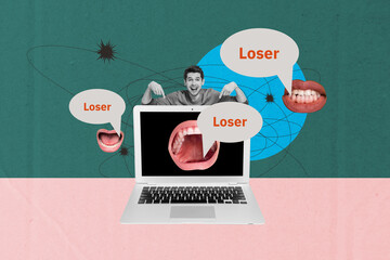 Banner full 3d photo trend image collage of young man peek laptop device mouth talk loser offender...