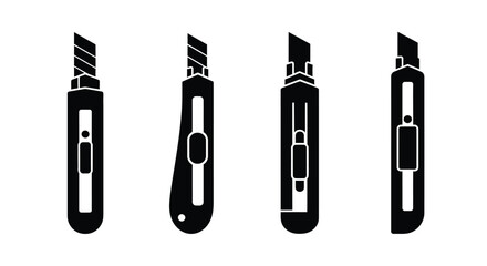 Four black and white illustrations depicting different utility knife designs