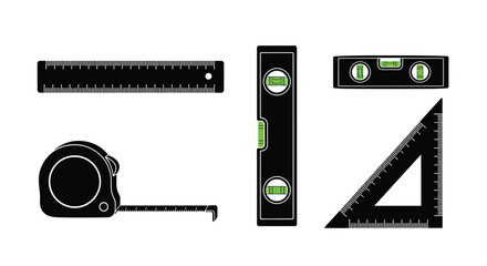 Essential measuring tools including ruler level tape measure and triangle