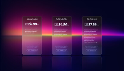 Modern price table. Matte phone screen mockup.Transparent blurred glass plate. Glassmorphism style. Pricing plans for websites and applications. Vector template.