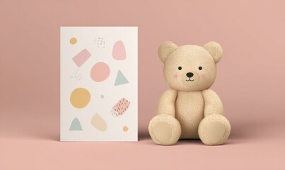 A cute teddy bear sits next to a card with pastel shapes on a pink background.