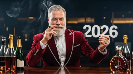 Elegant man celebrates new year 2026 with smoke and drinks, festive welcome for the coming year, a sophisticated greeting.