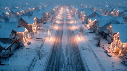 A view of a snow-covered suburban street looking straight down the road, every house featuring its own unique light display,