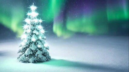 A magical winter scene featuring a snow-covered fir tree standing alone in a frozen landscape at night. As snow gently falls, vibrant green Aurora Borealis (Northern Lights) light up the dark sky.  - Powered by Adobe