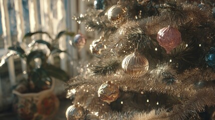 A vintage Christmas tree decorated with tinsel and old-fashioned ornaments,