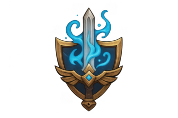 Fantasy magic shield with sword and blue flames