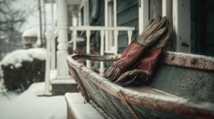 A vintage sled propped up against a snow-covered porch railing, a pair of worn mittens resting on the seat,