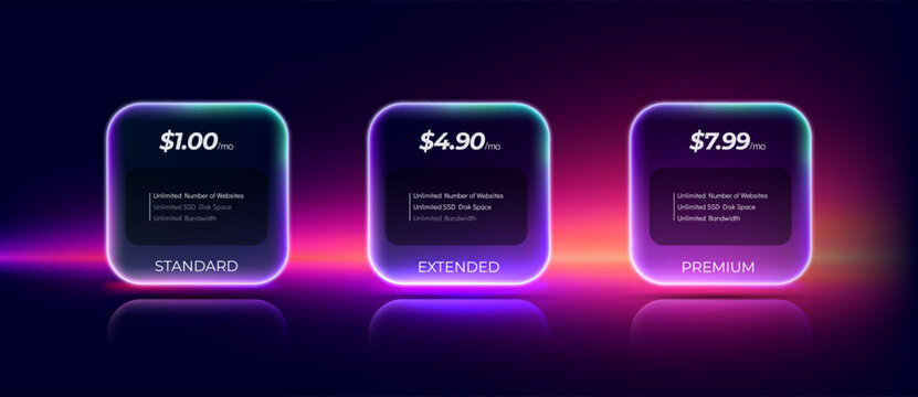 Glassmorphism pricing interface for SaaS, web hosting, digital services, cloud platforms, subscription apps, and tech startups, featuring glowing neon gradient panels.