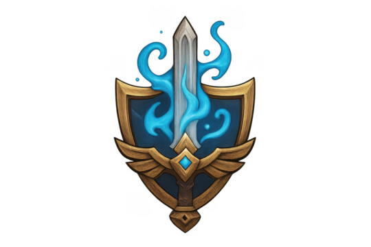 Fantasy magic shield with sword and blue flames