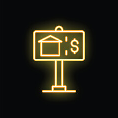 Glowing neon sign showing a house and a dollar sign, representing the concept of real estate and property for sale