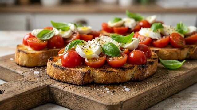 Toasted sourdough bruschetta with cherry tomato mozzarella basil grilled toasted bread warm