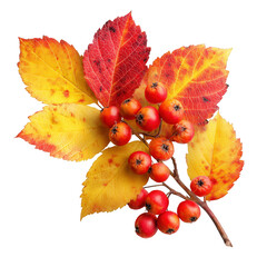 Vibrant autumn leaves featuring shades of red and yellow, beautifully arranged with clusters of small red berries on transparent background