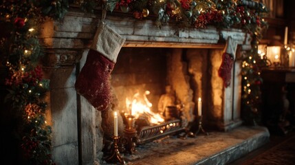 A warm and inviting fireplace decorated with holiday garlands and stockings,