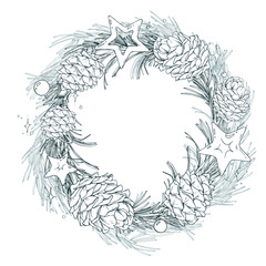 A traditional round wreath of pine branches, pine cones, and stars. A hand-drawn monochrome line art graphic illustration with pen and ink. A Christmas, winter, New Year s frame with a text template.