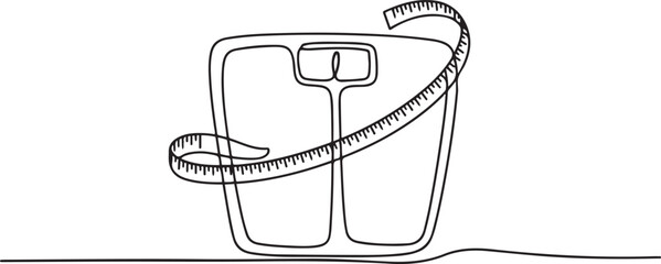 Single one line drawing body scales tied with measuring tape. A symbol to keep remembering healthy living at all times. Diet. one line Icon drawing