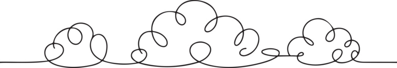 Obraz premium Continuous one line clouds. Minimalist linear fluffy cloud, simple nimbus and decorative sky themed overcast vector horizontal divider illustrations sets. one line Icon drawing